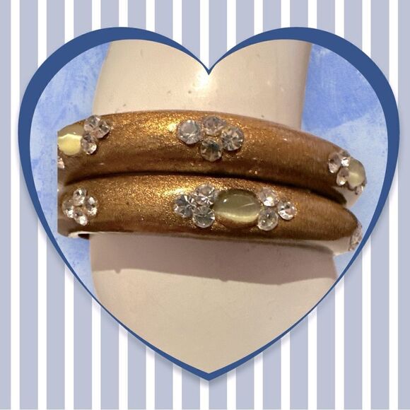 Vtg pair gold metallic crystal moonstone bangle bracelets - Picture 1 of 10
